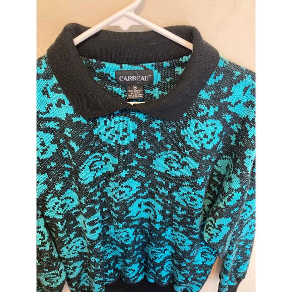 Carreau 80's Vintage Blue Floral Collared 80’s Long Sleeve Sweater Size Medium - Picture 7 of 8